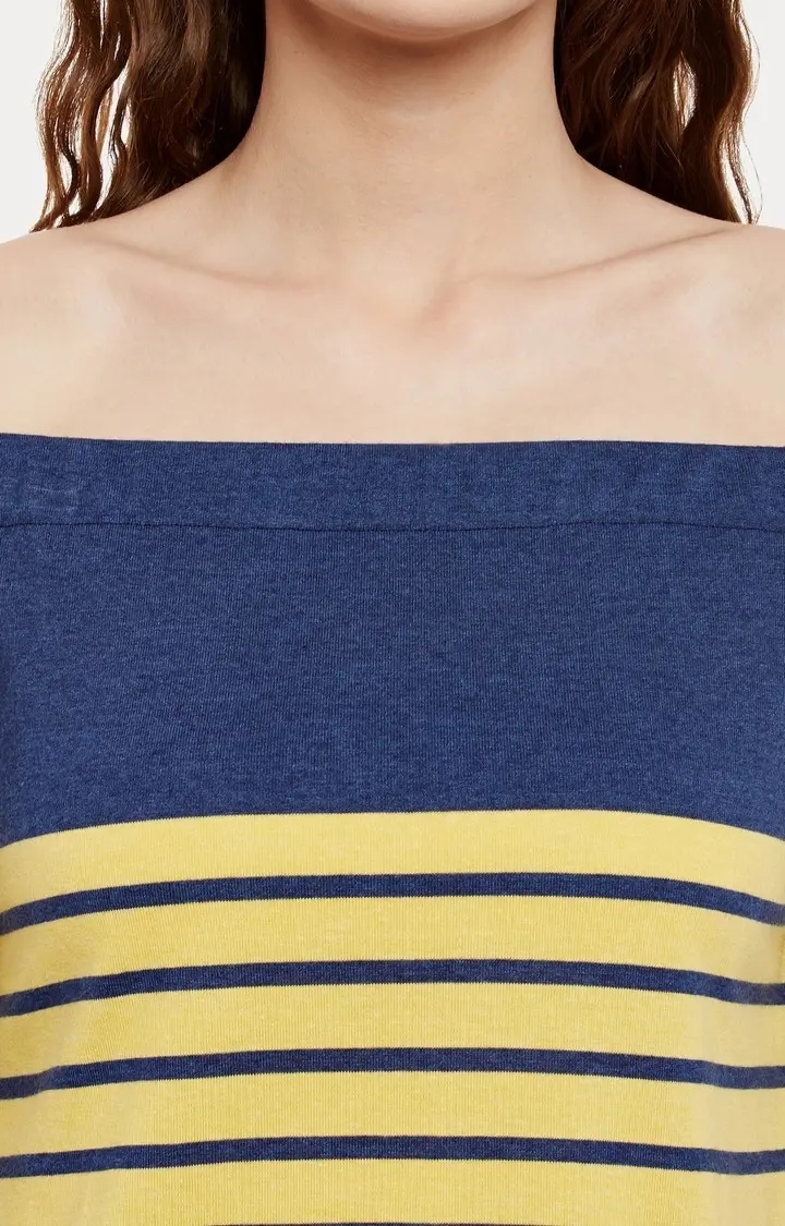 Women's Blue Viscose StripedCasualwear Off Shoulder Top