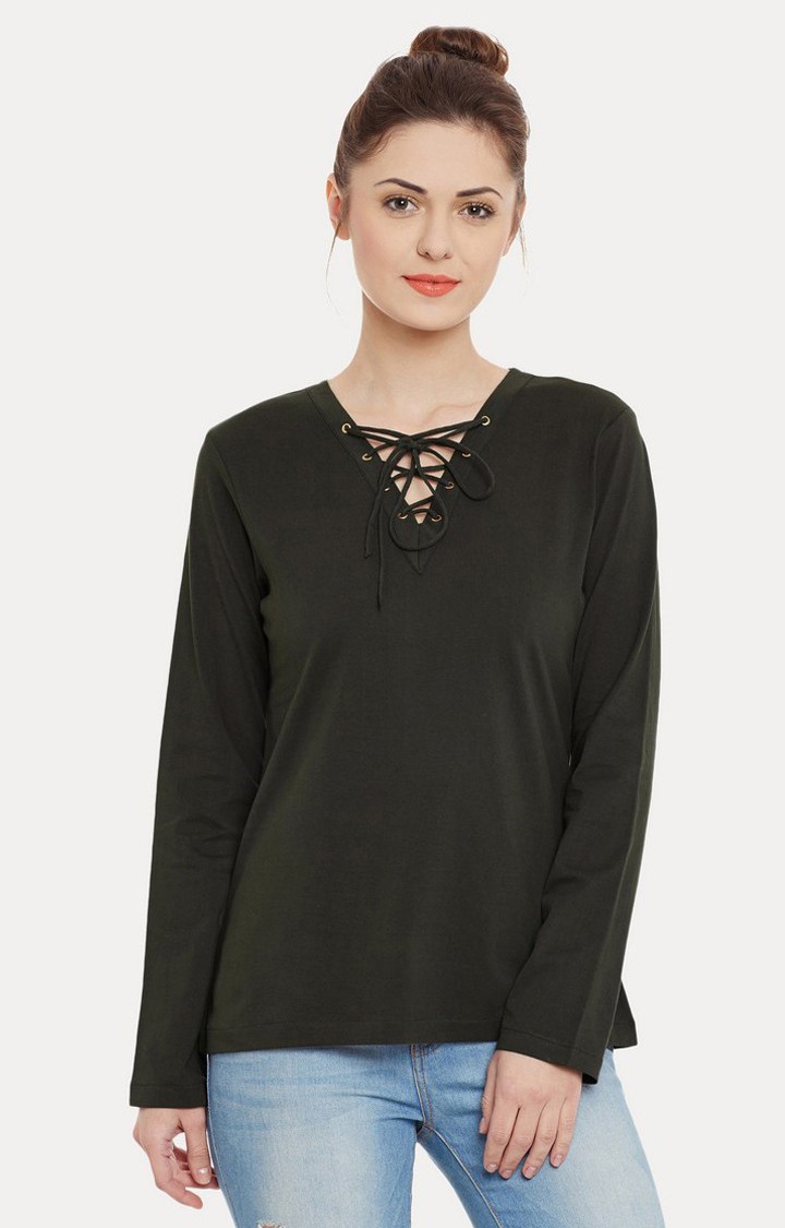 MISS CHASE | Women's Green Cotton SolidCasualwear Tops