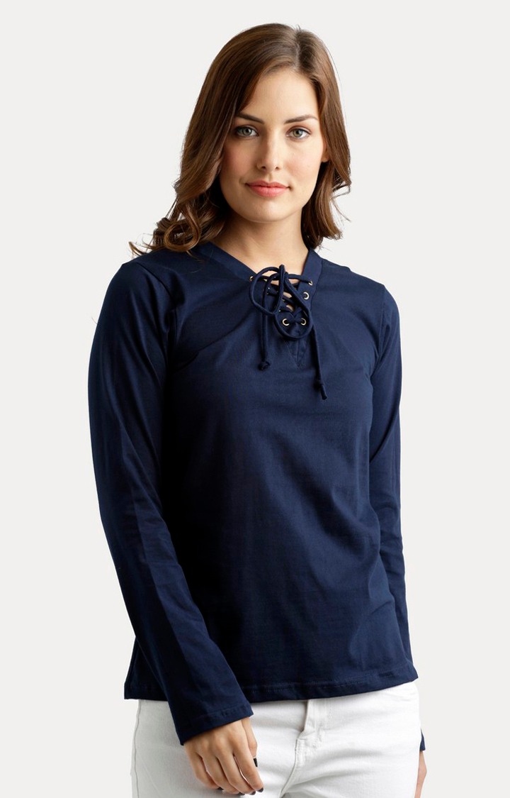 MISS CHASE | Women's Blue Cotton SolidCasualwear Tops