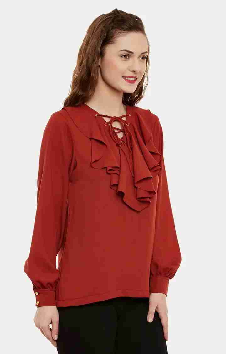 Women's Red Crepe SolidCasualwear Tops