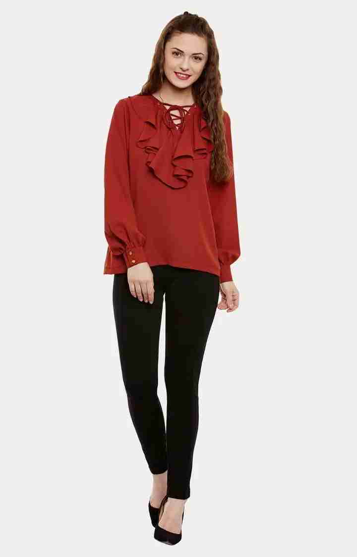 Women's Red Crepe SolidCasualwear Tops