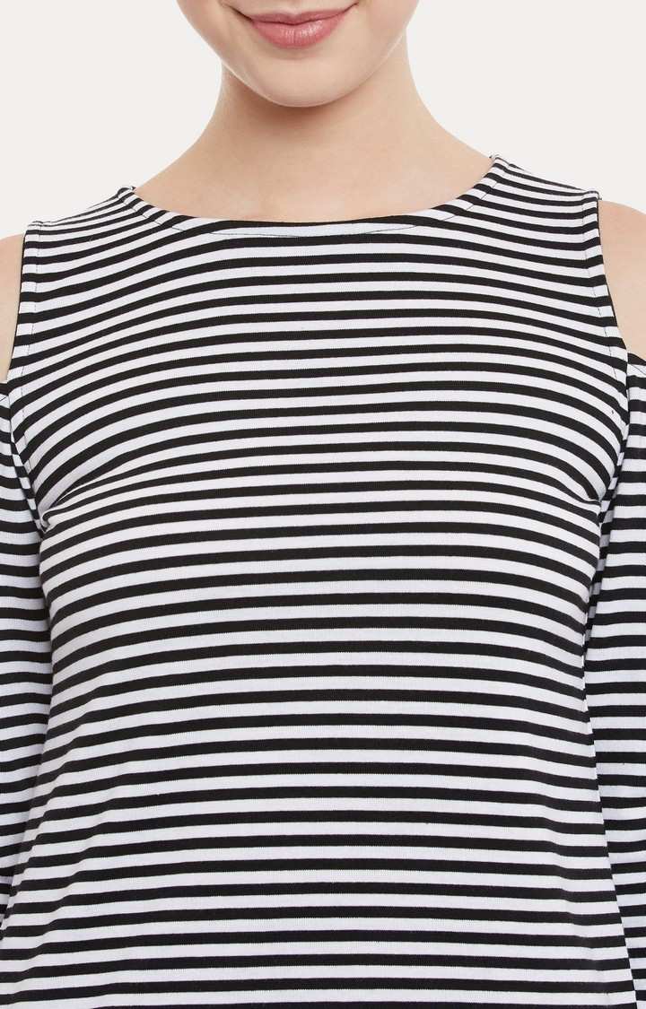 Women's Black Cotton StripedCasualwear Tops