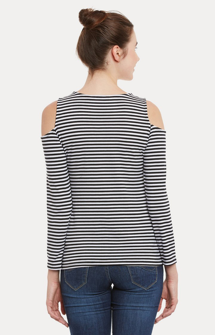 Women's Black Cotton StripedCasualwear Tops