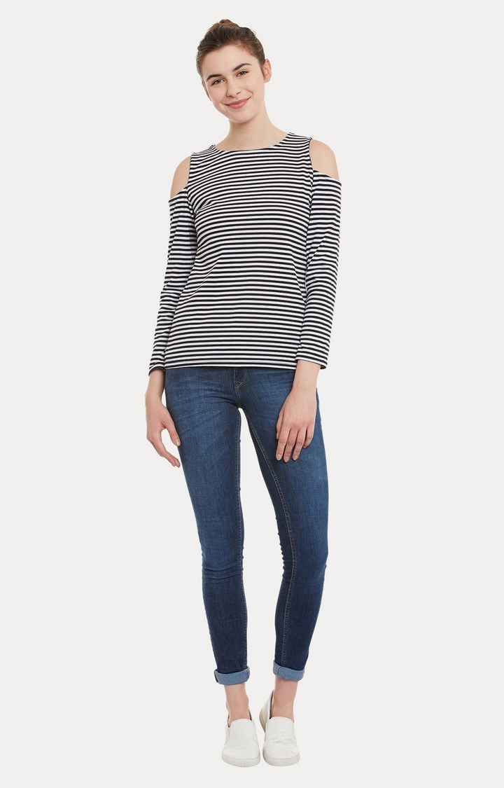 Women's Black Cotton StripedCasualwear Tops