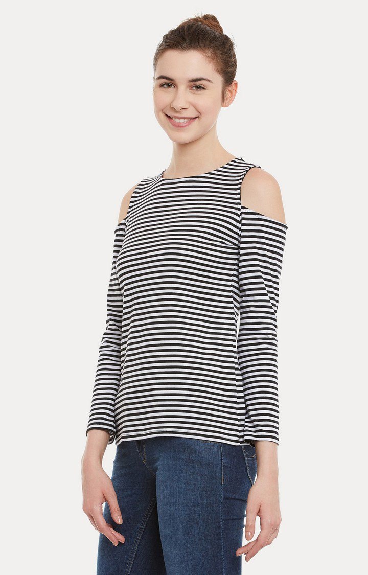 Women's Black Cotton StripedCasualwear Tops