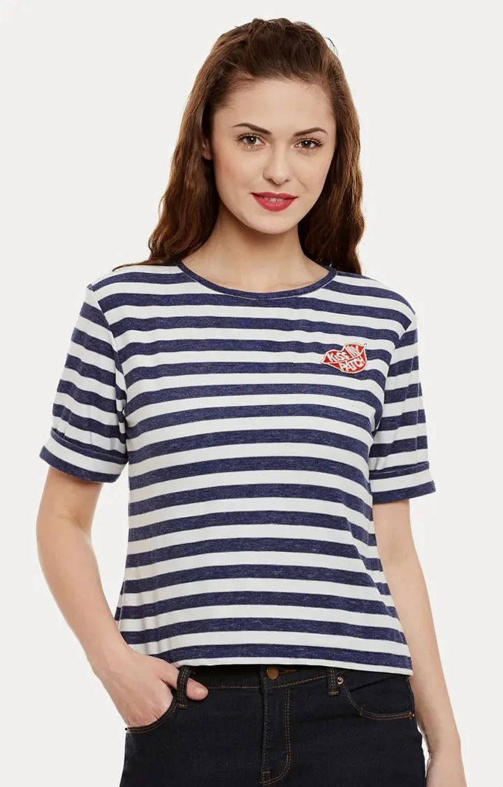 MISS CHASE | Women's Blue Cotton StripedCasualwear Regular T-Shirts