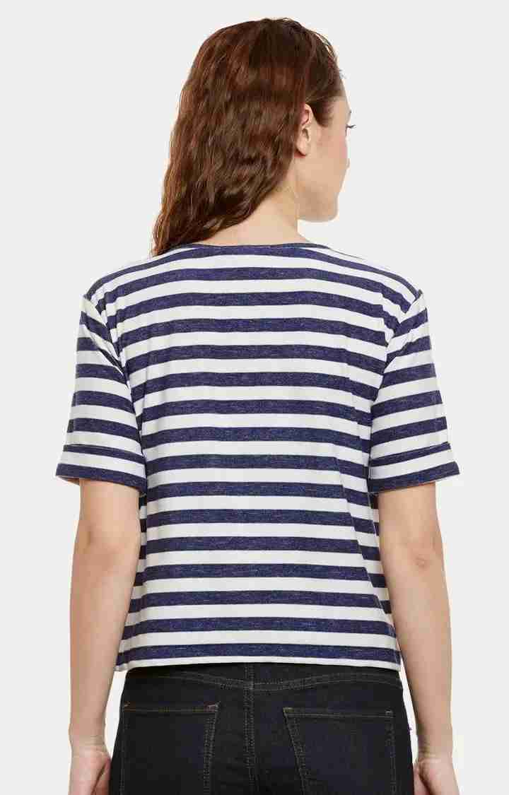 Women's Blue Cotton StripedCasualwear Regular T-Shirts