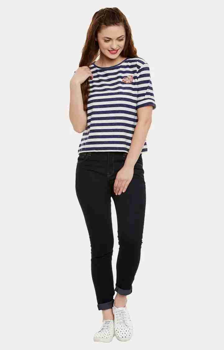 Women's Blue Cotton StripedCasualwear Regular T-Shirts