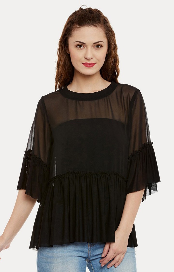 MISS CHASE | Women's Black Georgette SolidCasualwear Tunics