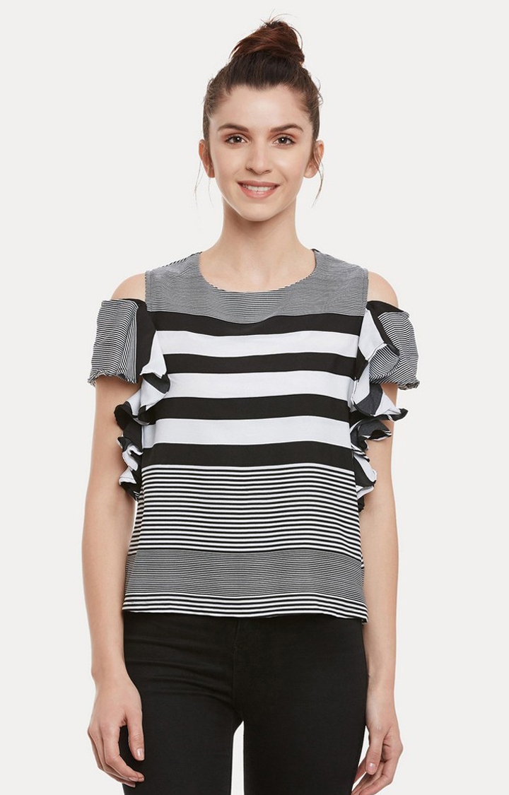 MISS CHASE | Women's White Crepe StripedCasualwear Tops