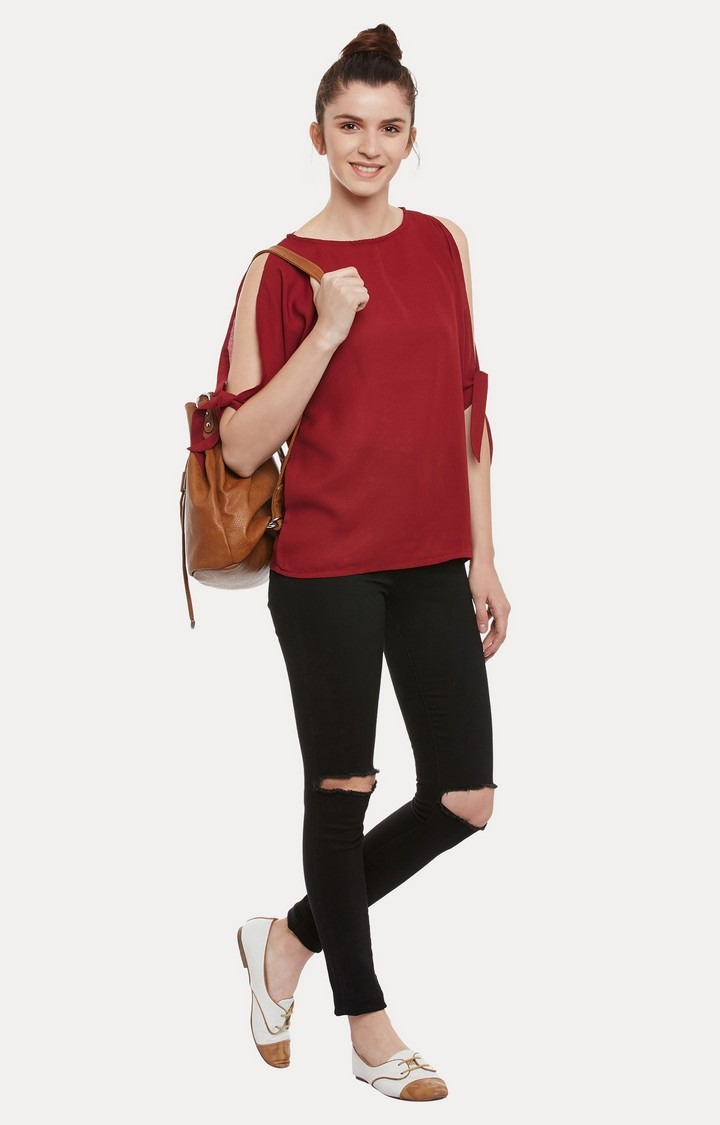 Women's Red Crepe SolidCasualwear Tops