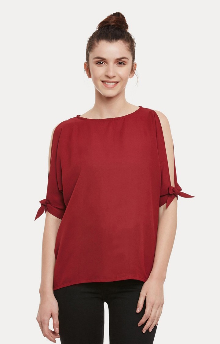 MISS CHASE | Women's Red Crepe SolidCasualwear Tops