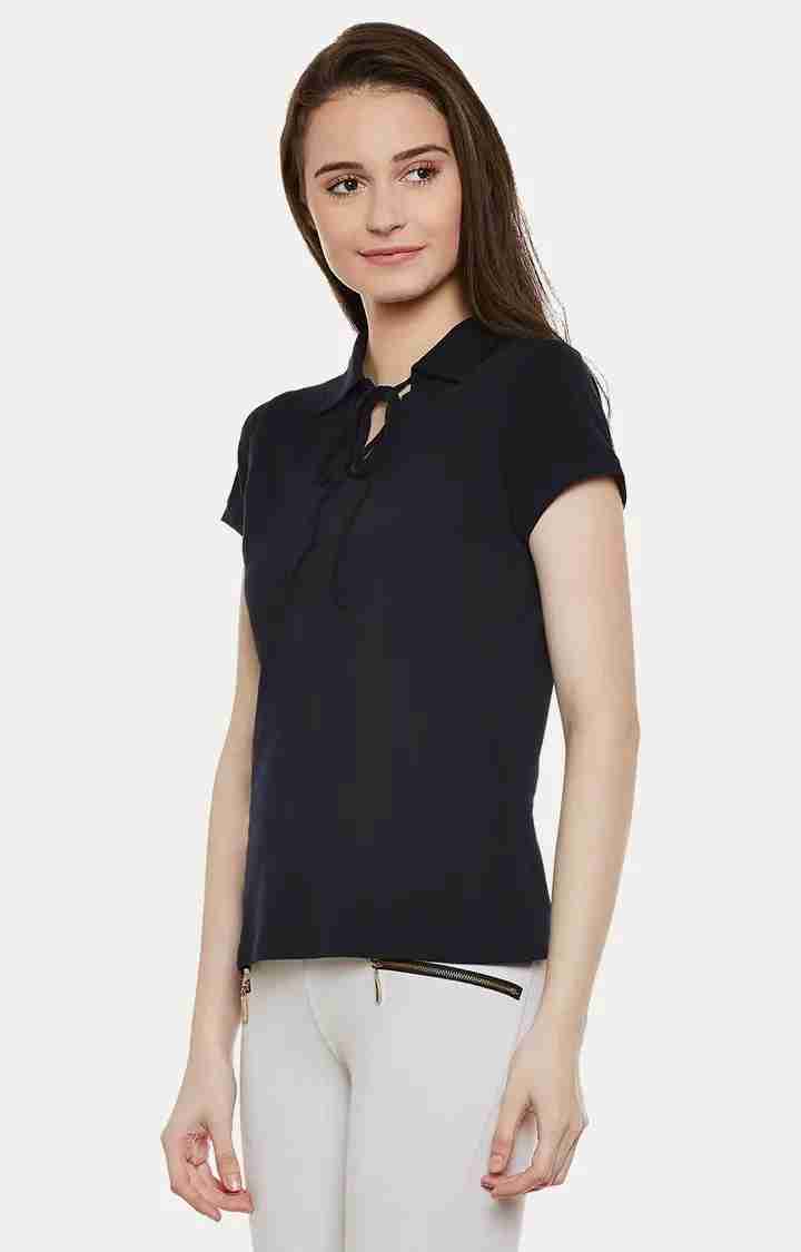 Women's Blue Polyester SolidCasualwear Regular T-Shirts