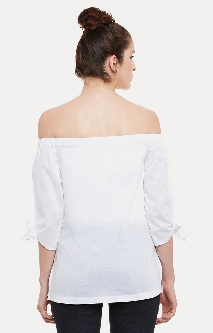 Women's White Cotton SolidCasualwear Off Shoulder Top