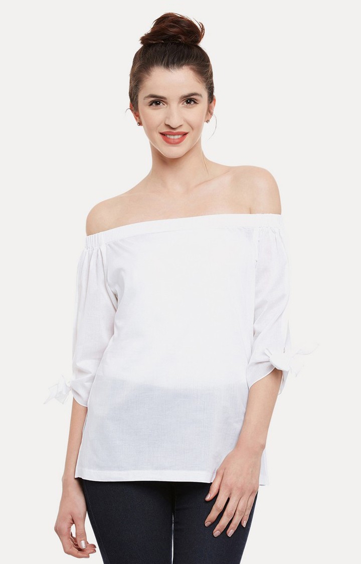 Women's White Cotton SolidCasualwear Off Shoulder Top