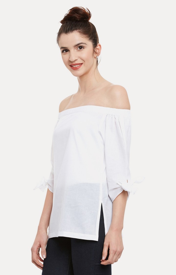 Women's White Cotton SolidCasualwear Off Shoulder Top