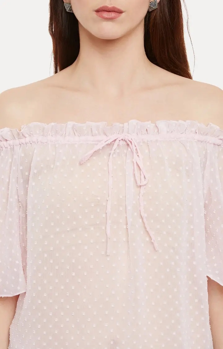 Women's Pink Chiffon SolidCasualwear Off Shoulder Top