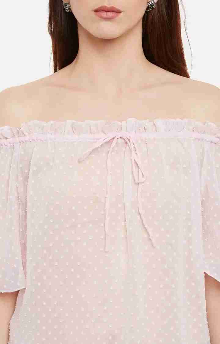 Women's Pink Chiffon SolidCasualwear Off Shoulder Top