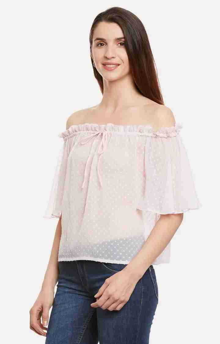 Women's Pink Chiffon SolidCasualwear Off Shoulder Top