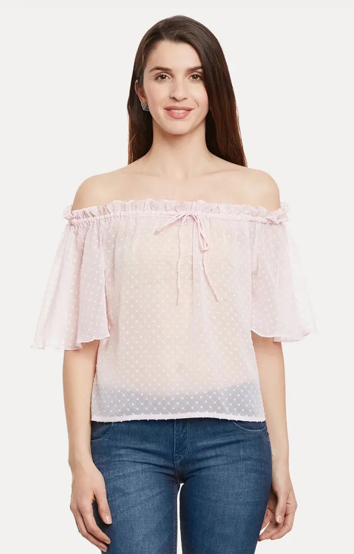 Women's Pink Chiffon SolidCasualwear Off Shoulder Top
