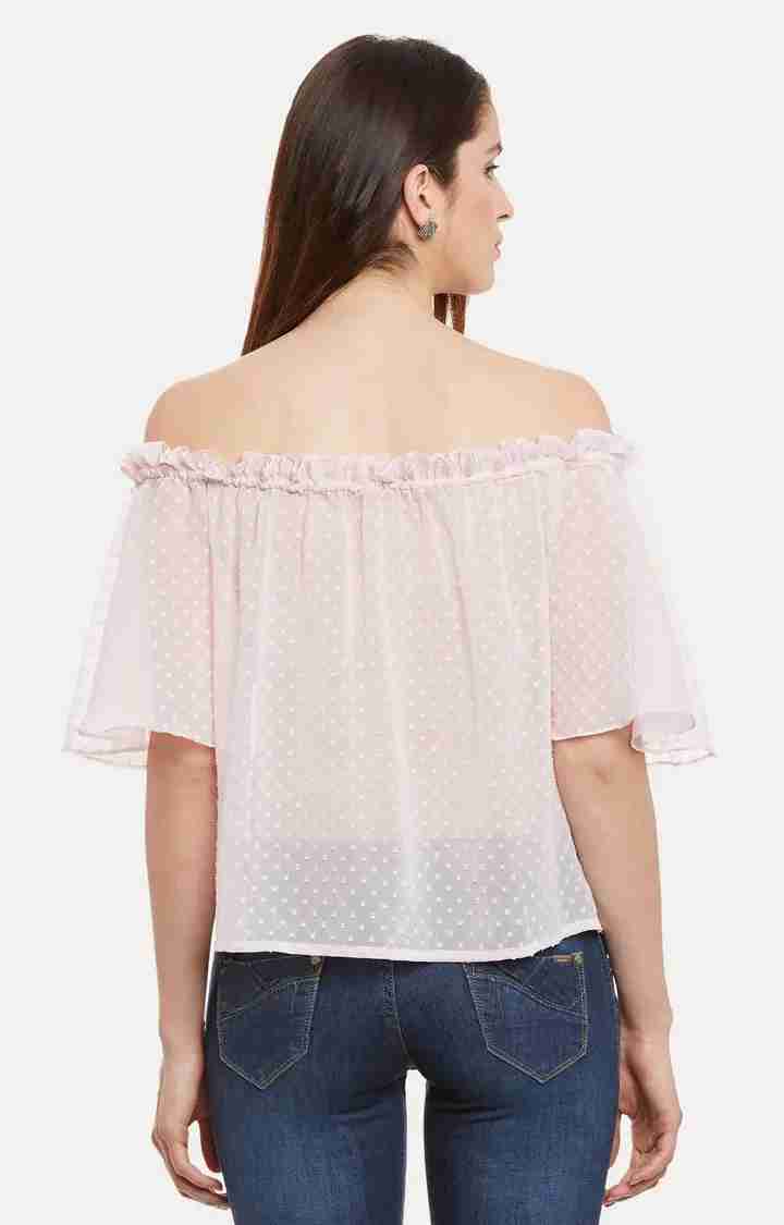 Women's Pink Chiffon SolidCasualwear Off Shoulder Top