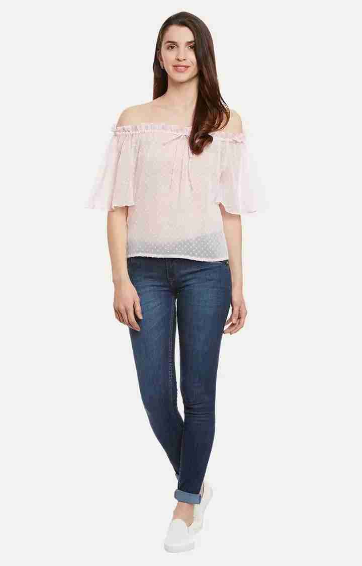 Women's Pink Chiffon SolidCasualwear Off Shoulder Top