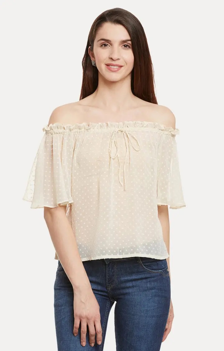 MISS CHASE | Women's Beige Chiffon SolidCasualwear Off Shoulder Top