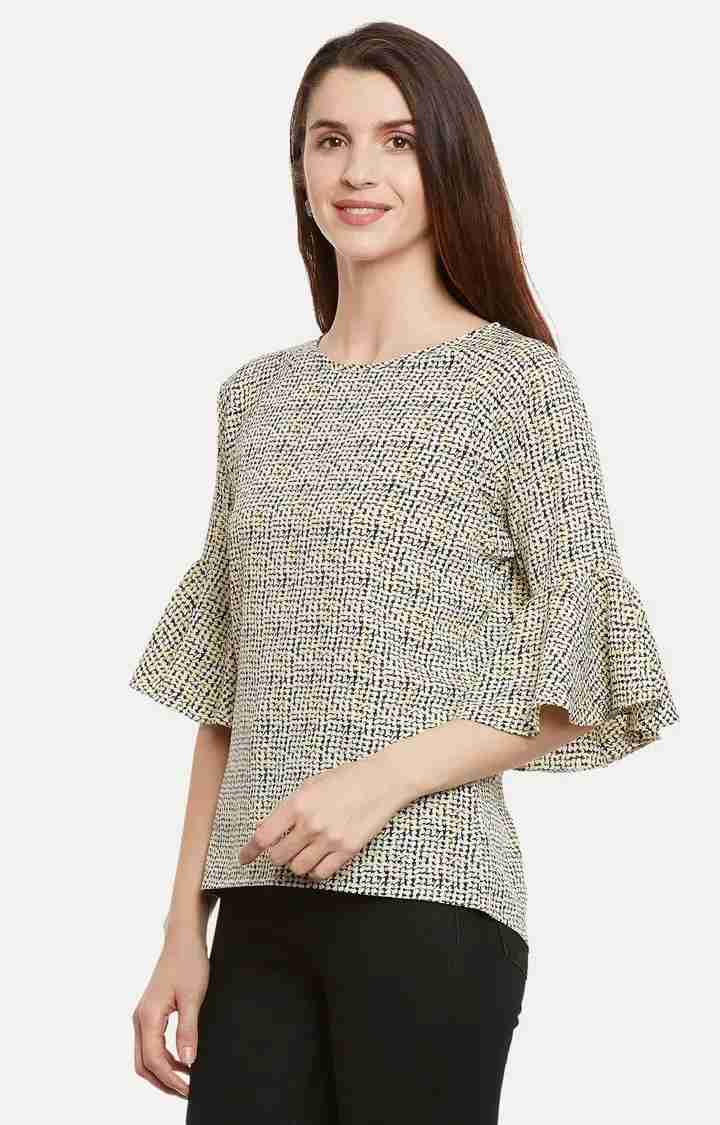 Women's Beige Crepe PrintedCasualwear Tops