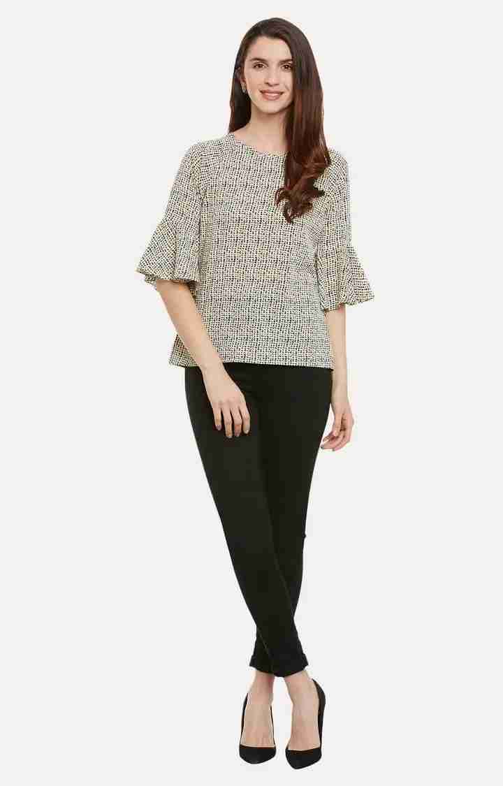 Women's Beige Crepe PrintedCasualwear Tops