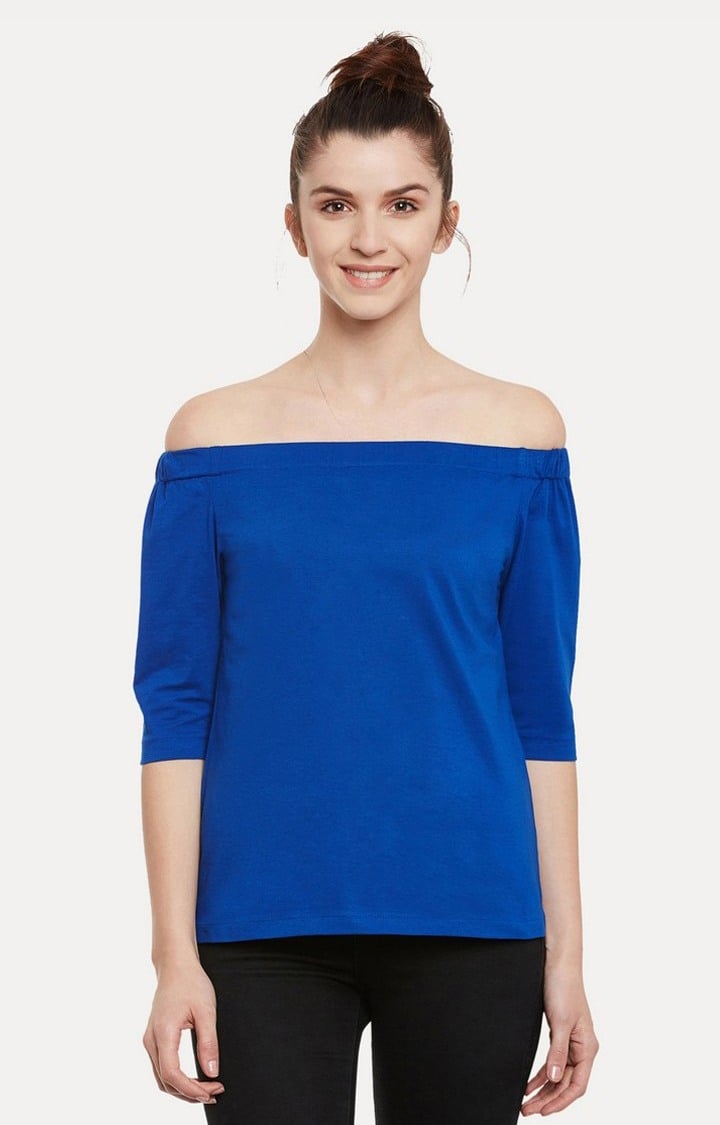 MISS CHASE | Women's Blue Cotton SolidCasualwear Off Shoulder Top