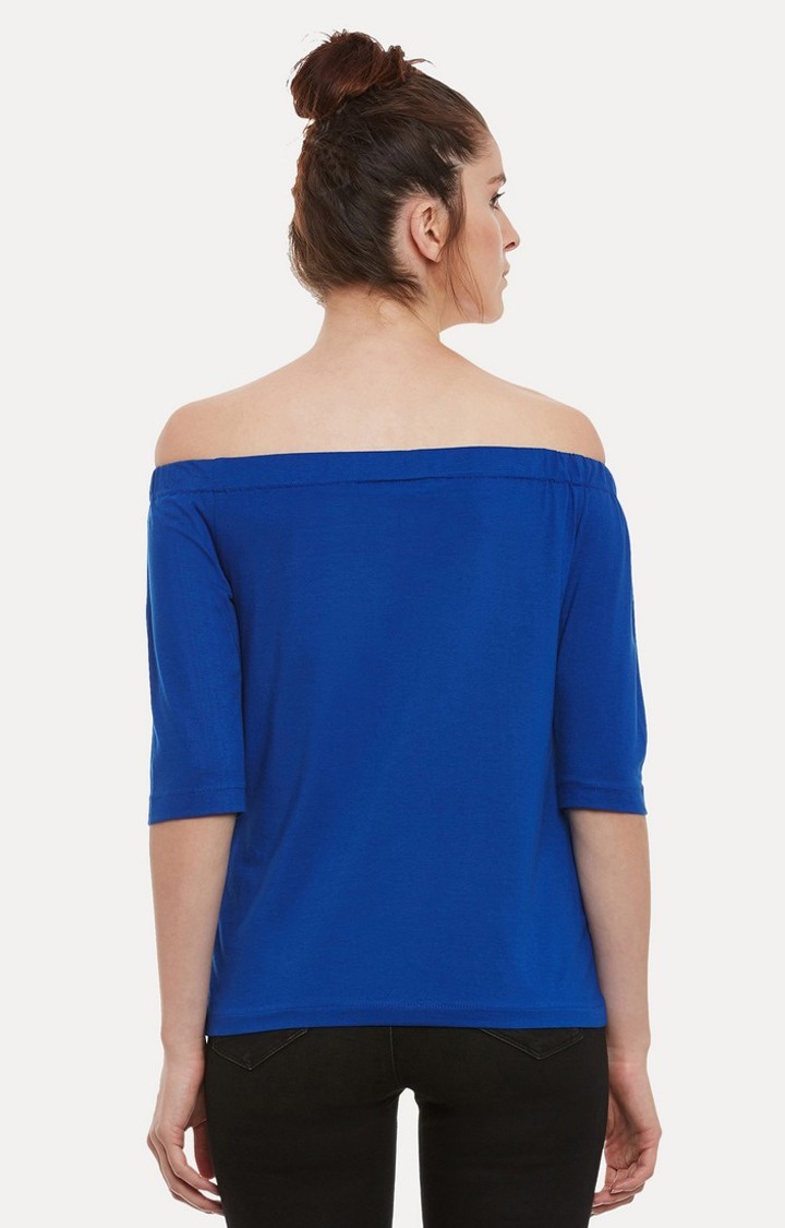 Women's Blue Cotton SolidCasualwear Off Shoulder Top