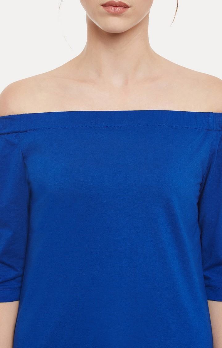 Women's Blue Cotton SolidCasualwear Off Shoulder Top