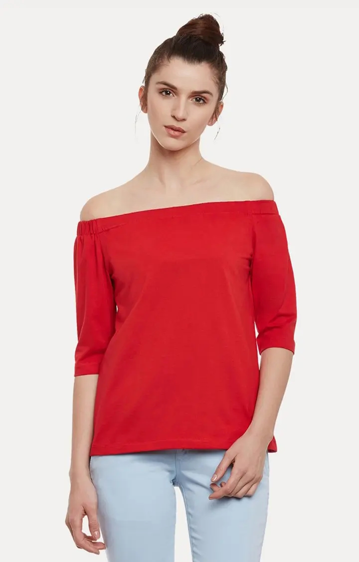 MISS CHASE | Women's Red Cotton SolidCasualwear Off Shoulder Top