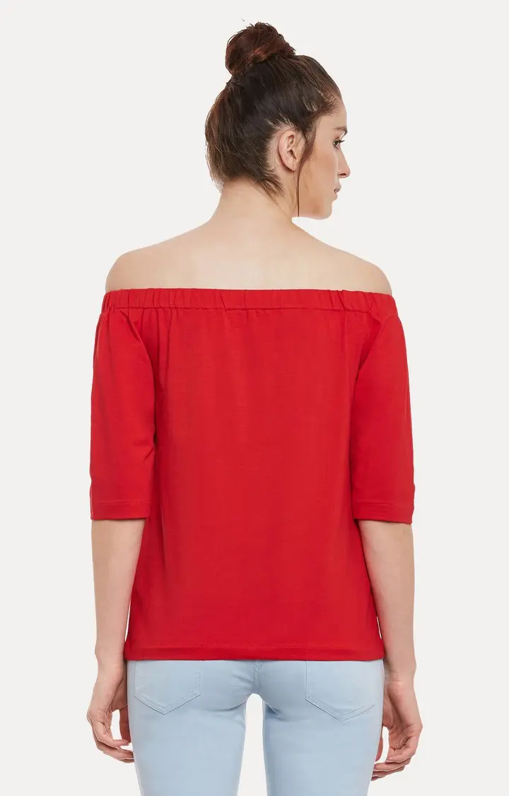 Women's Red Cotton SolidCasualwear Off Shoulder Top