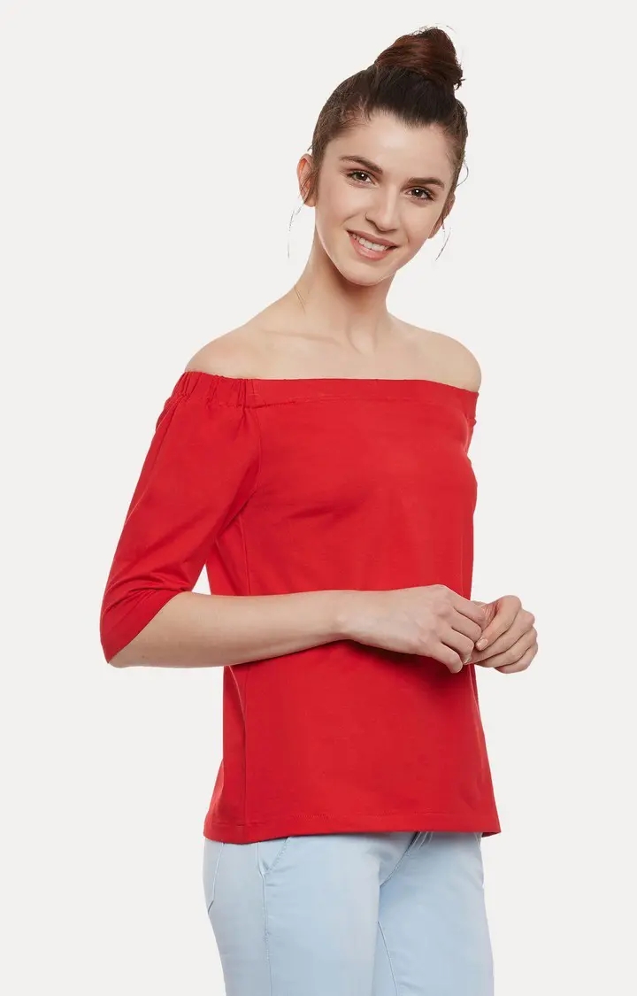 Women's Red Cotton SolidCasualwear Off Shoulder Top