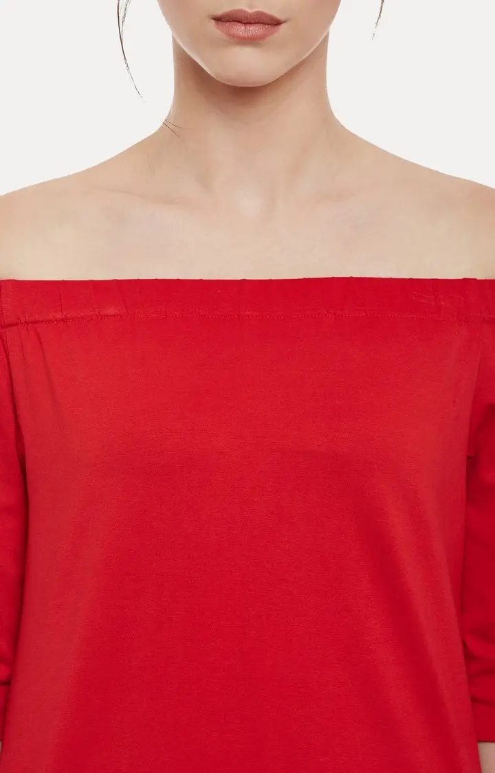 Women's Red Cotton SolidCasualwear Off Shoulder Top