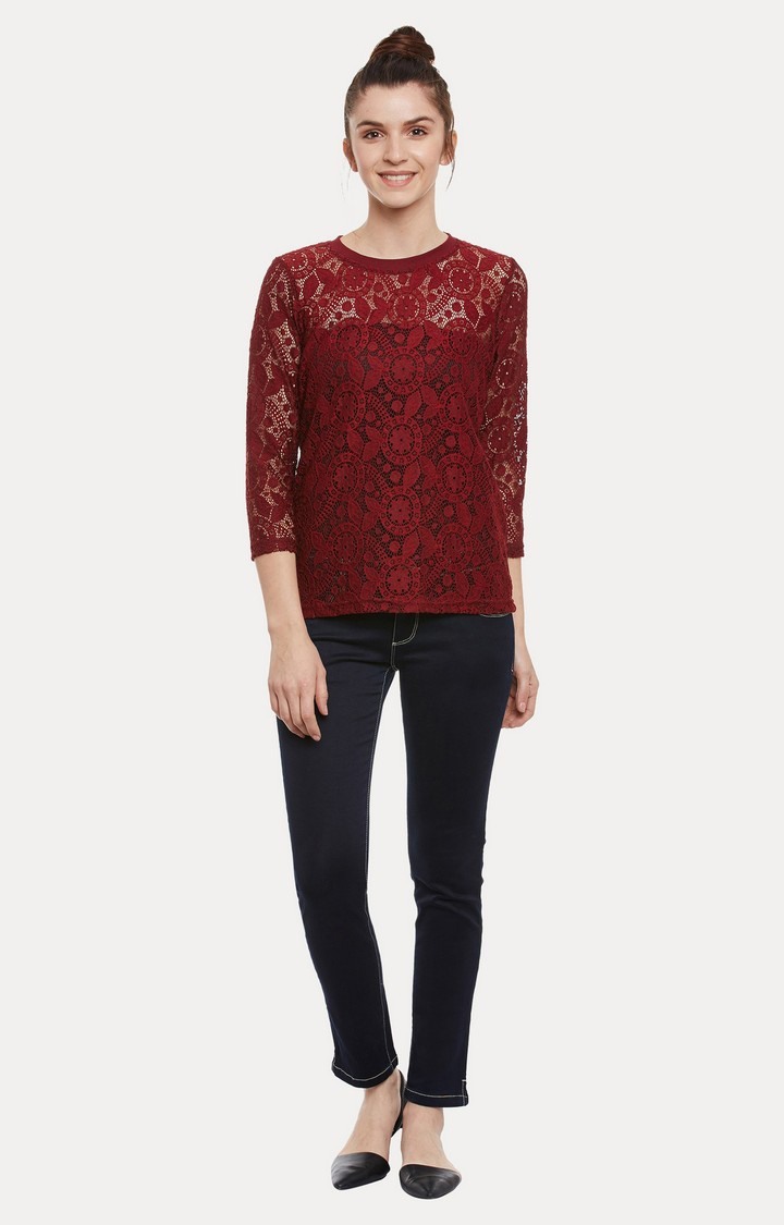 Women's Red Polyester SolidCasualwear Tops
