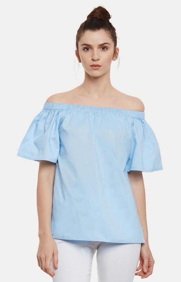 MISS CHASE | Women's Blue Cotton SolidCasualwear Off Shoulder Top