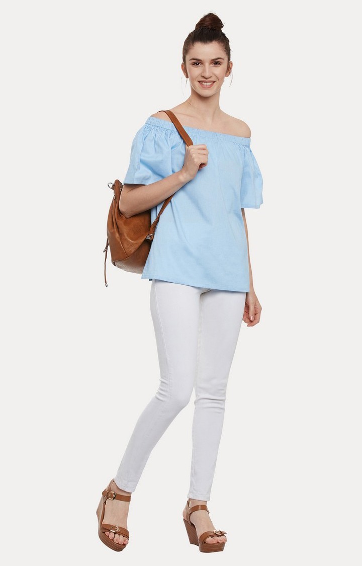 Women's Blue Cotton SolidCasualwear Off Shoulder Top