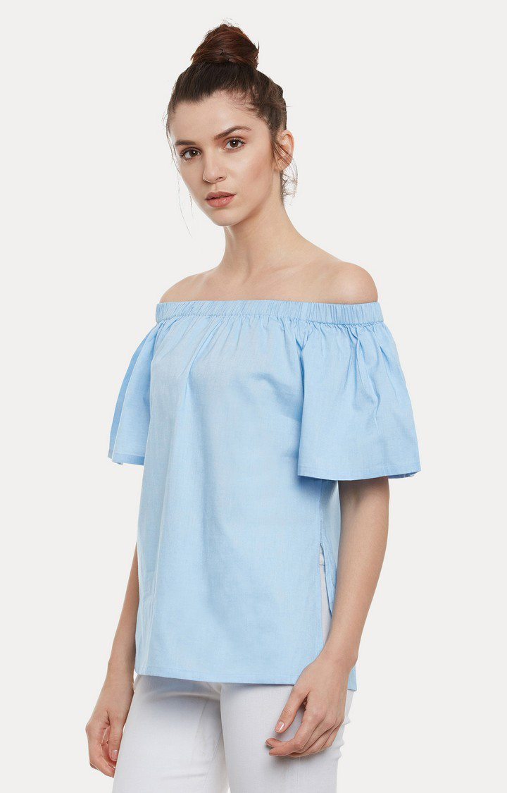 Women's Blue Cotton SolidCasualwear Off Shoulder Top