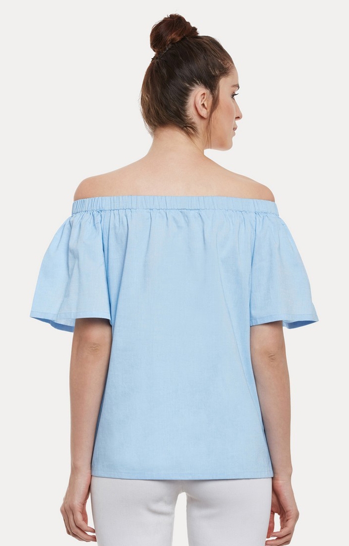Women's Blue Cotton SolidCasualwear Off Shoulder Top