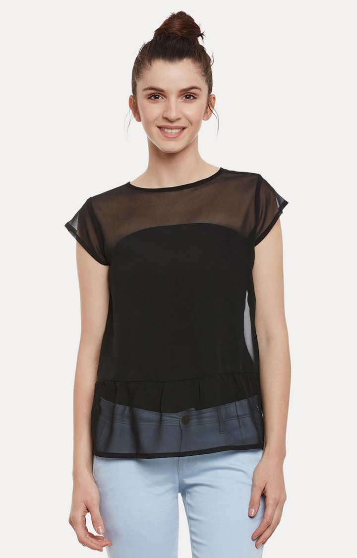 MISS CHASE | Women's Black Georgette SolidCasualwear Tops