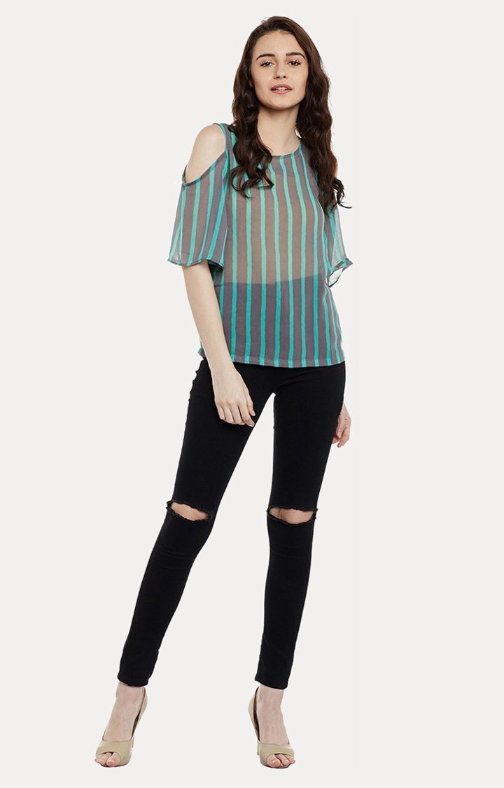 Women's Grey Georgette StripedCasualwear Tops