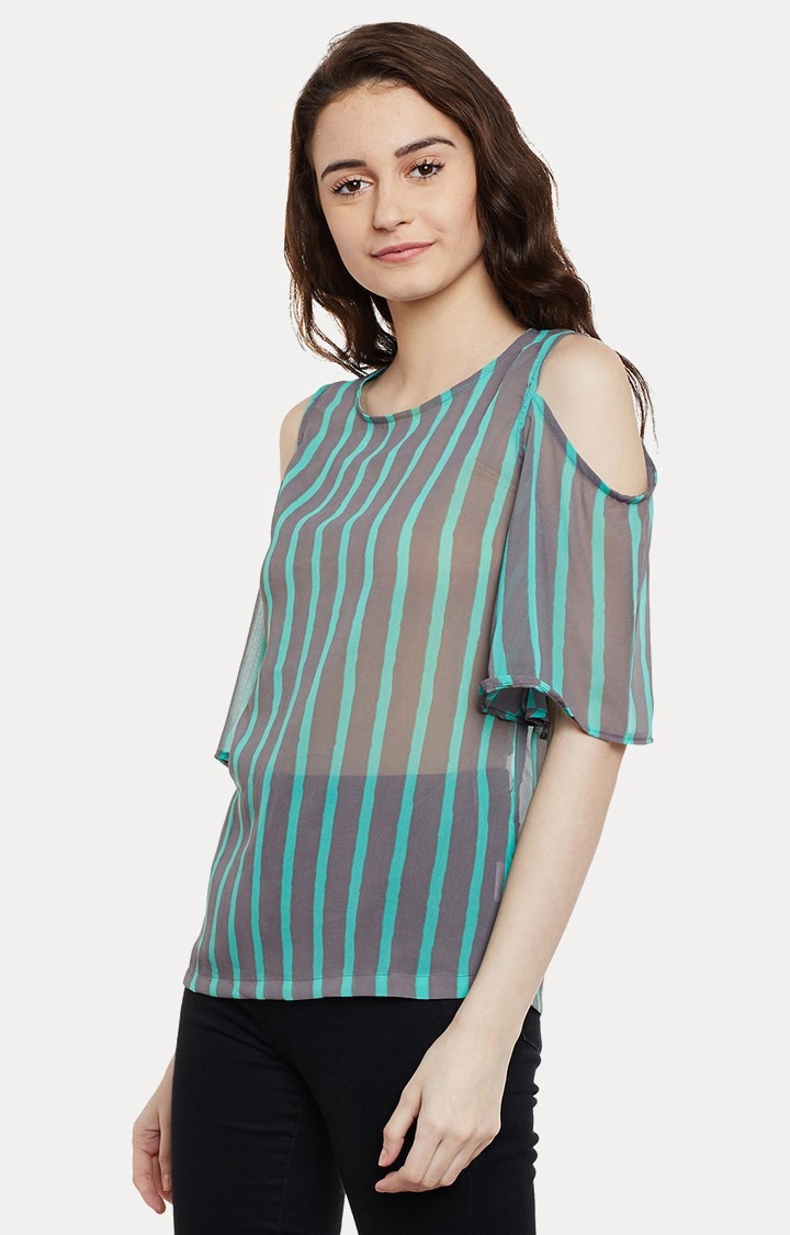 Women's Grey Georgette StripedCasualwear Tops