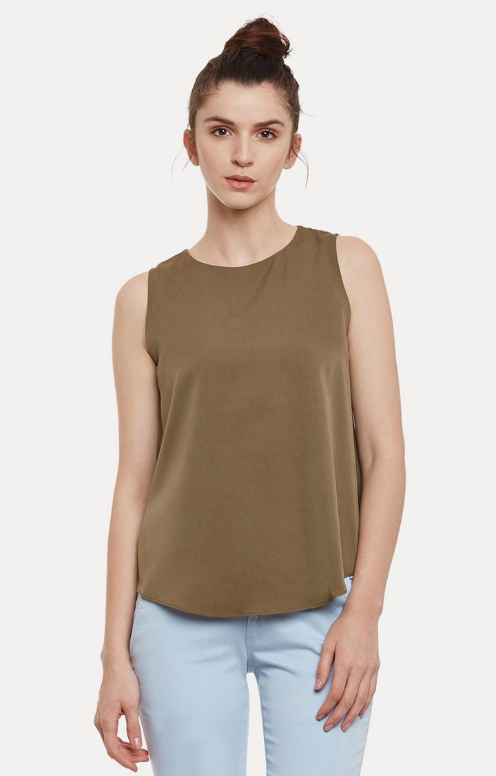 MISS CHASE | Women's Green Crepe SolidCasualwear Tops