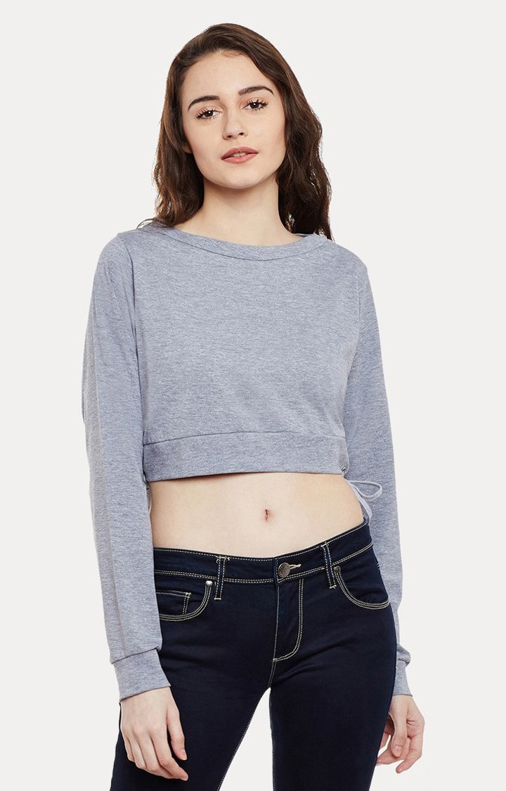 MISS CHASE | Women's Grey Cotton MelangeCasualwear Crop T-Shirts