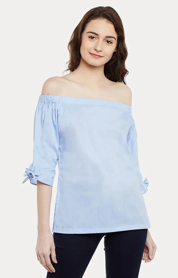 MISS CHASE | Women's Blue Cotton SolidCasualwear Off Shoulder Top