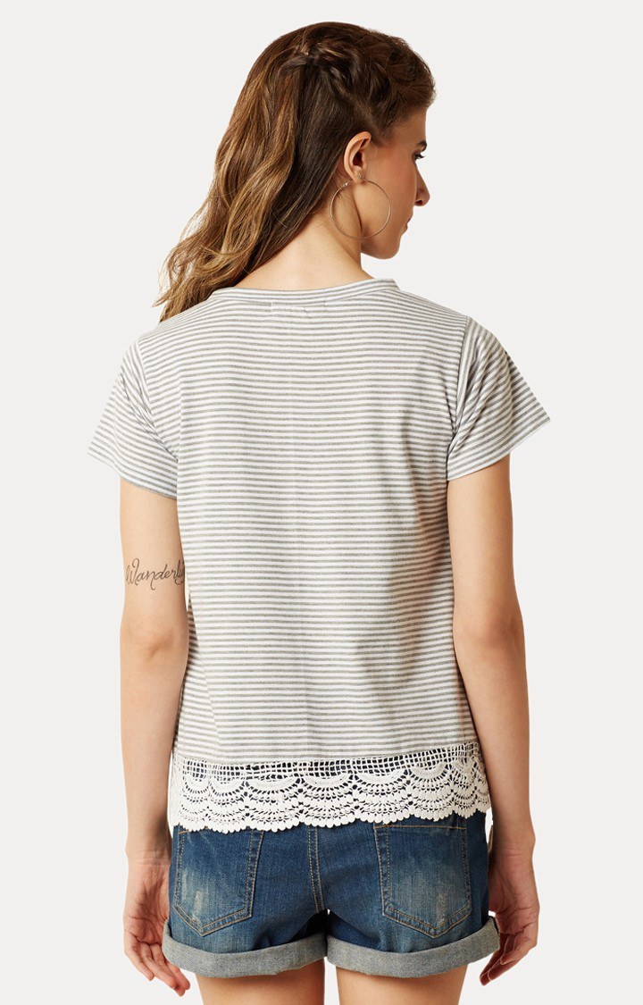 Women's Grey Cotton StripedCasualwear Regular T-Shirts
