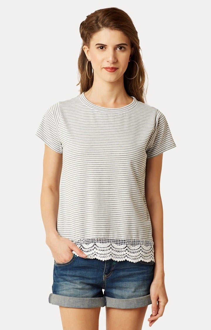 MISS CHASE | Women's Grey Cotton StripedCasualwear Regular T-Shirts