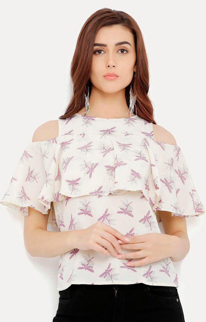 MISS CHASE | Women's Beige Crepe PrintedCasualwear Tops